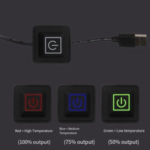 LITEGUEST Heated Motorcycle Seat Cover by SmartTherm; USB controller with three color-coded temperature buttons.