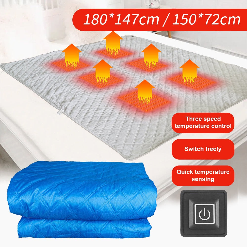 LITEGUEST heated camping blanket, gray quilted, USB powered; blue folded blanket shown; two blankets.