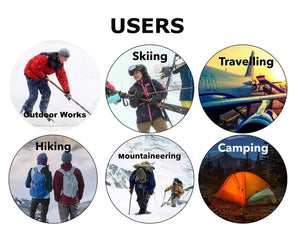 LITEGUEST Heated Thermal Hat USB-powered beanie; collage of outdoor activities like skiing, hiking and camping