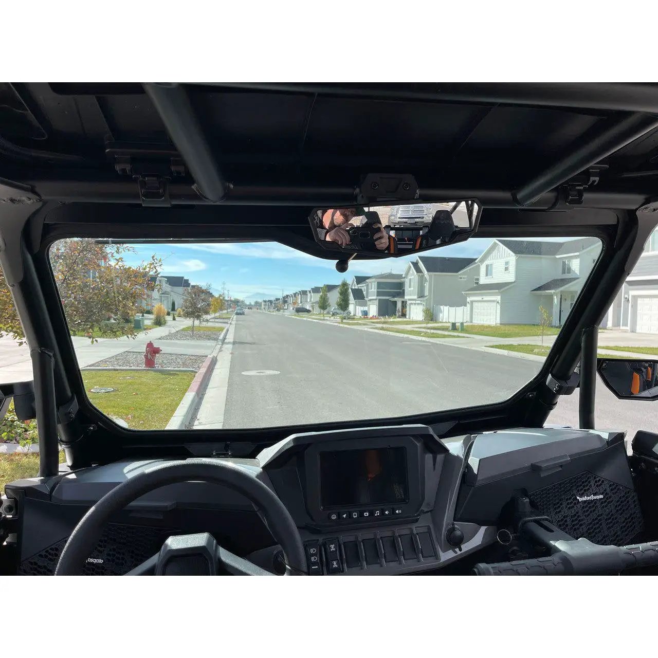 2024+ Polaris RZR XP 1000 glass windshield installed in UTV cockpit; full clear glass view