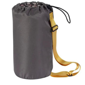 LITEGUEST USB Heated Sleeping Mat rolled up in gray fabric with a yellow carry strap