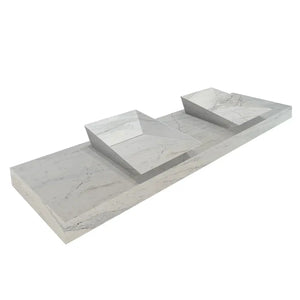 Villohome Imperial White Marble double sink vanity with two raised basins on a long white marble countertop