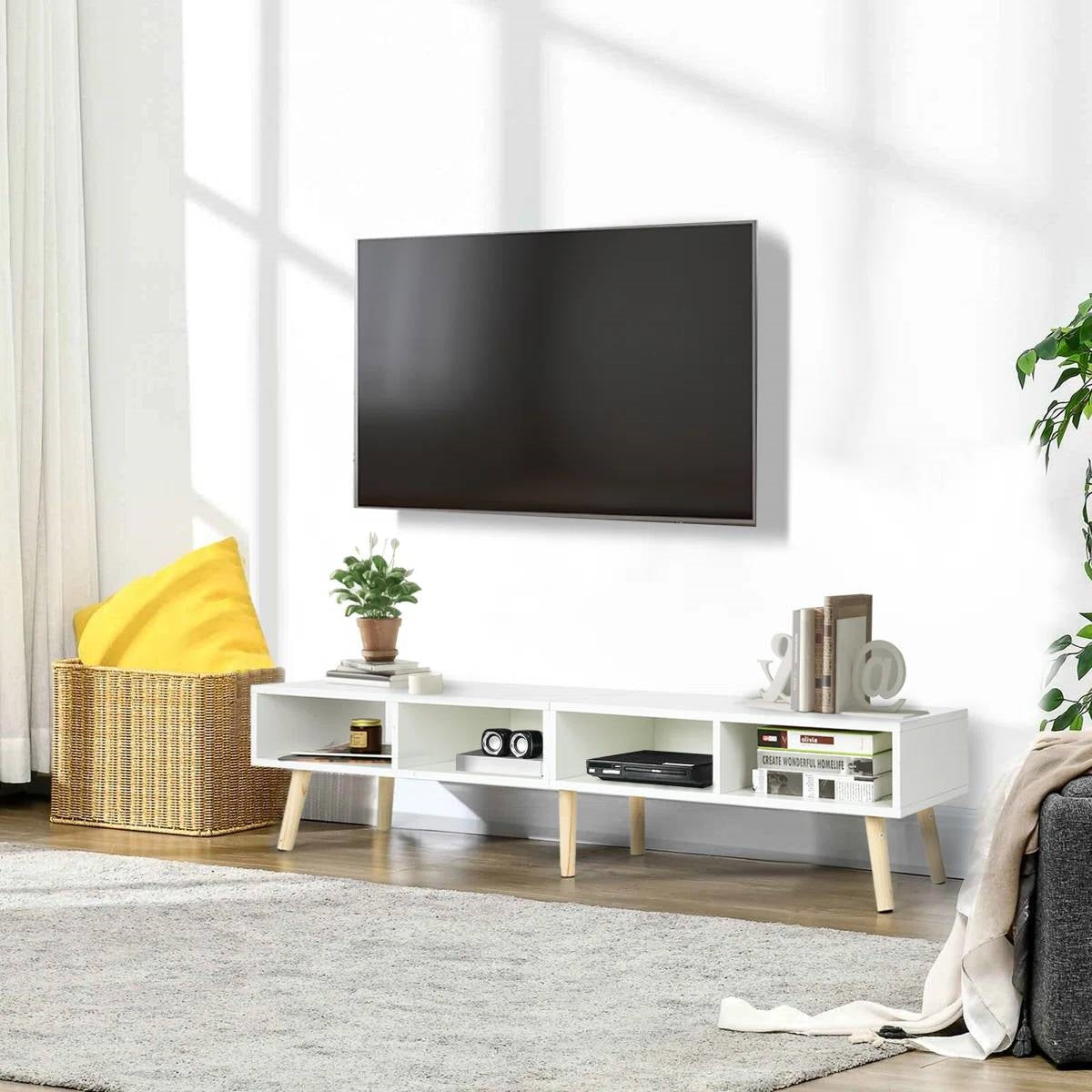 Modern Mid-Century Style TV Stand in White with Wood Legs for TVs up to 65-inch