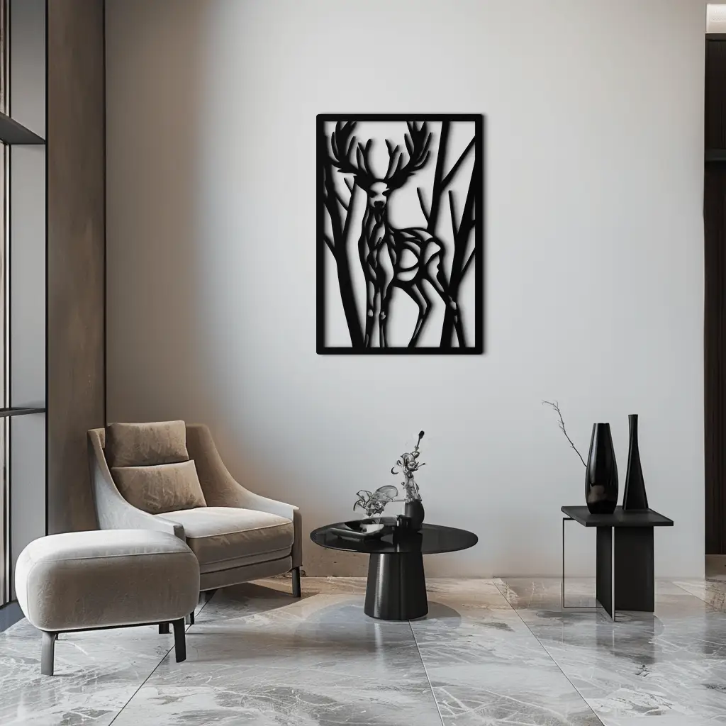 Metal Deer Wall Art - Modern Stag Metal Wall Decor - Forest Theme Metal Wall Hanging - Laser Cut Metal Artwork for Living Room, Dining Room & Office - KAF001