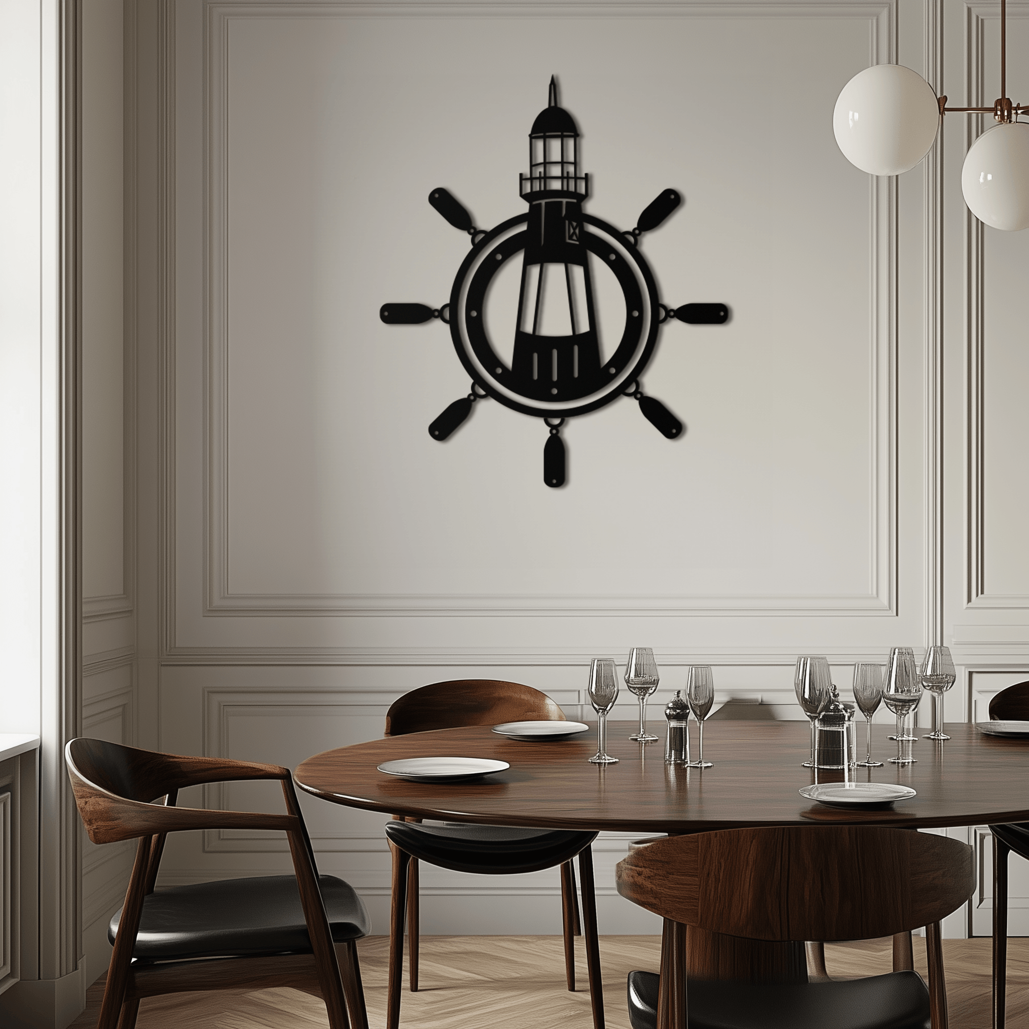 Lighthouse and Ship Wheel Metal Wall Art - Nautical Steel Wall Decor - KAF028