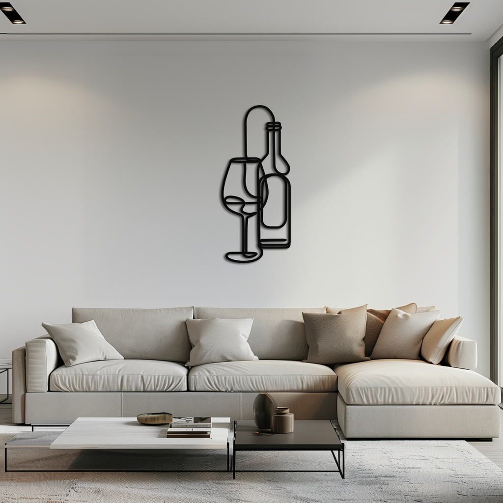 Wine Bottle & Glass Metal Wall Art - Modern Minimalist Bar Decor - KAF081