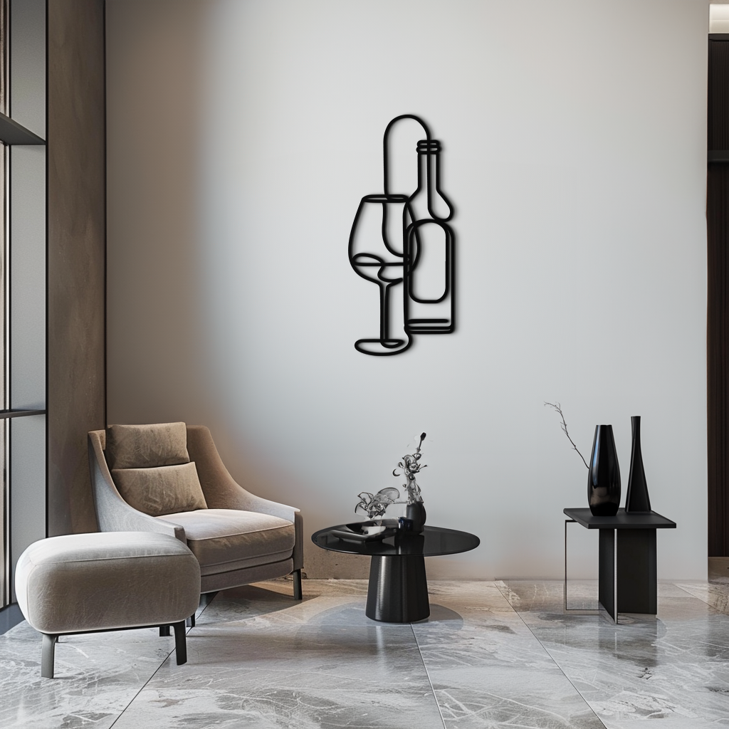 Wine Bottle & Glass Metal Wall Art - Modern Minimalist Bar Decor - KAF081