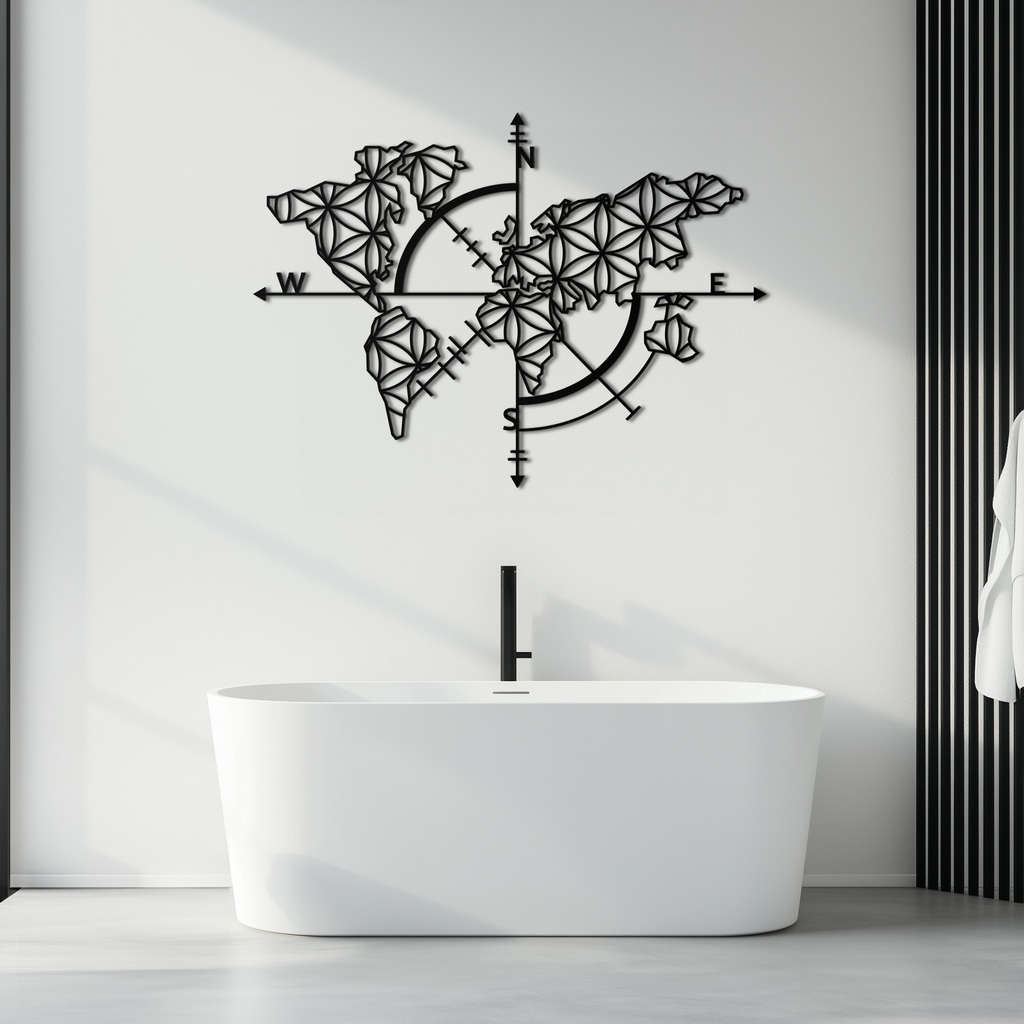 Geometric World Map Metal Wall Art - Modern Compass Wall Decor - KAF099