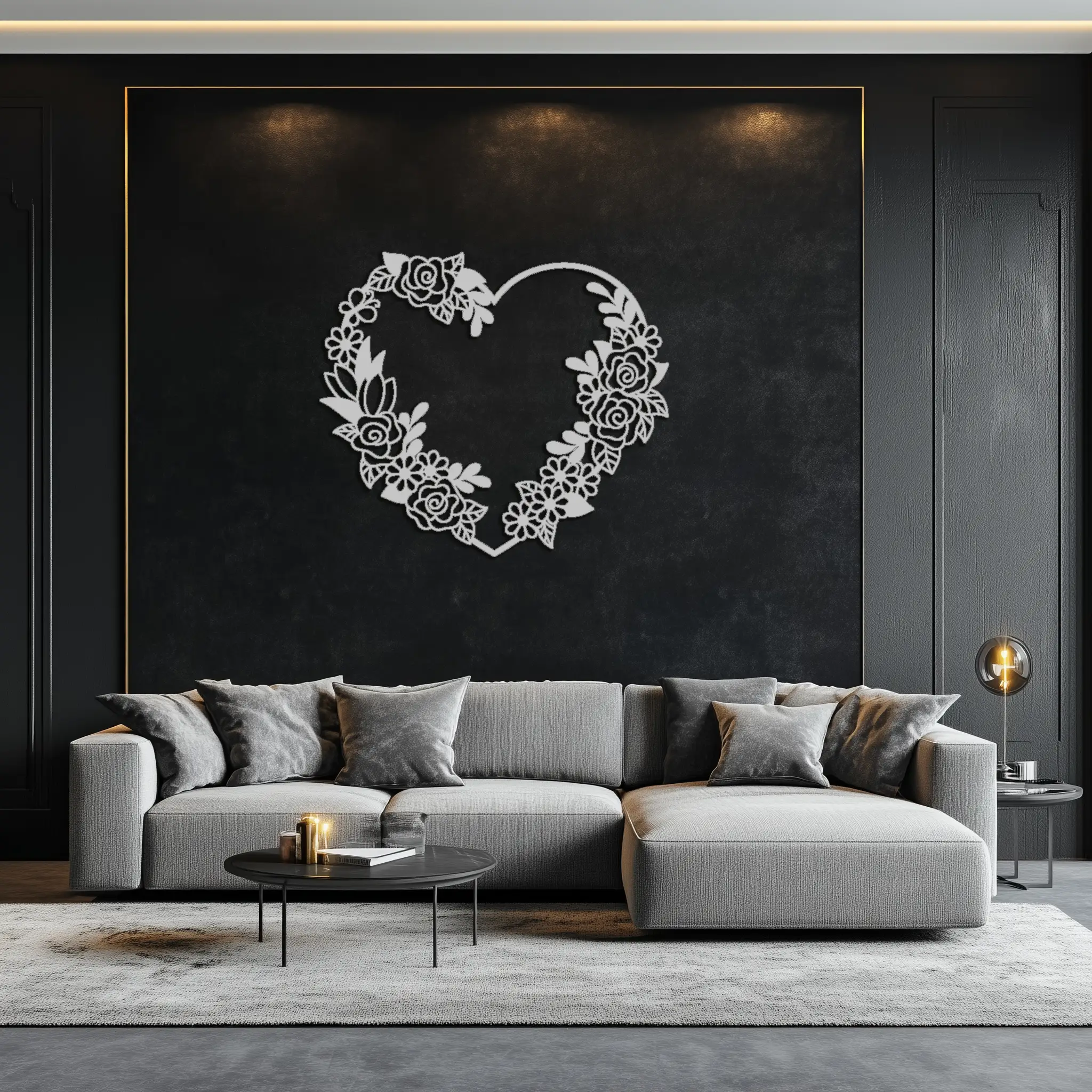 Floral Heart Metal Wall Art - Elegant Steel Rose Wreath - KAF107