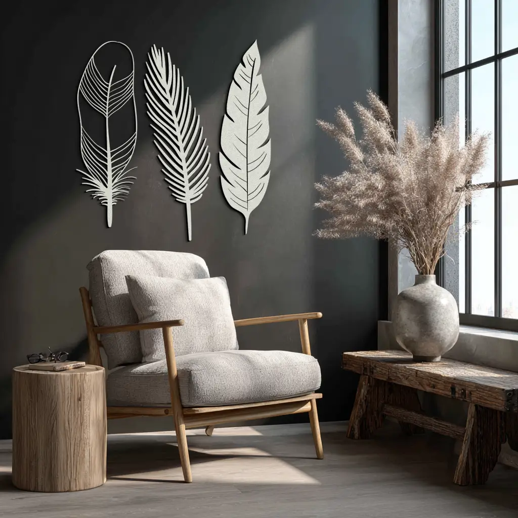 Geometric Feather Metal Wall Art - Modern Boho Steel Decor - KAF117