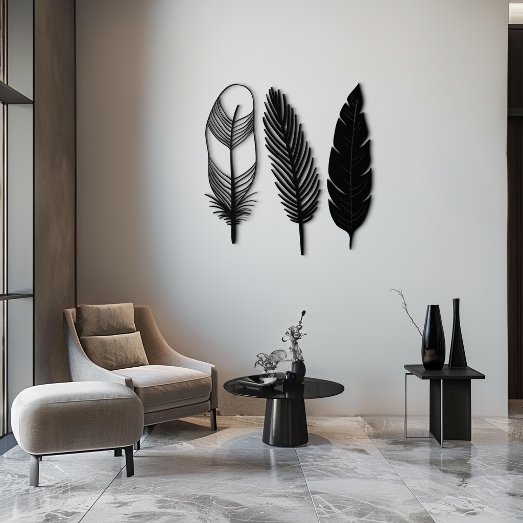 Geometric Feather Metal Wall Art - Modern Boho Steel Decor - KAF117
