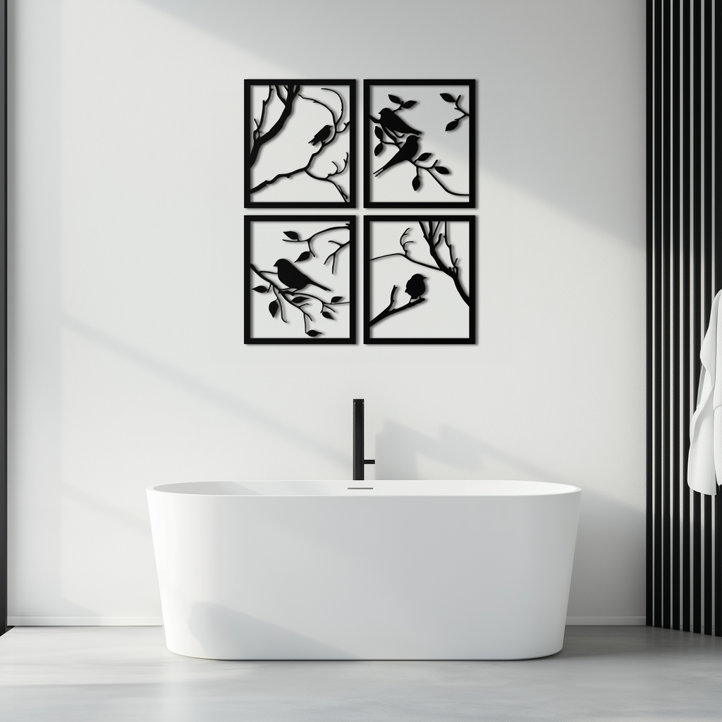 Bird Silhouette Metal Wall Art - 4-Piece Modern Steel Wall Decor - KAF128