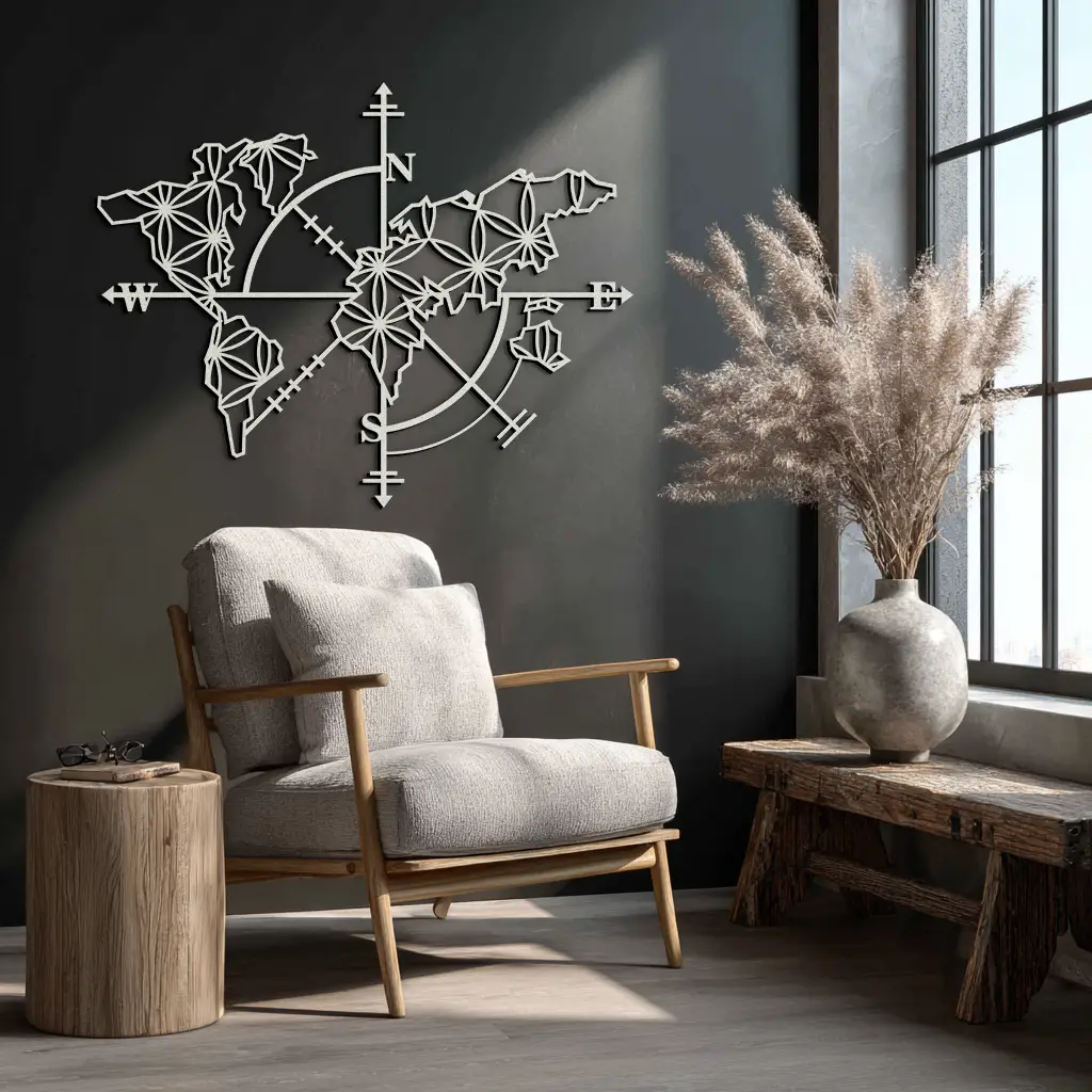Geometric World Map Metal Wall Art - Modern Compass-Inspired Steel Decor - KAF131