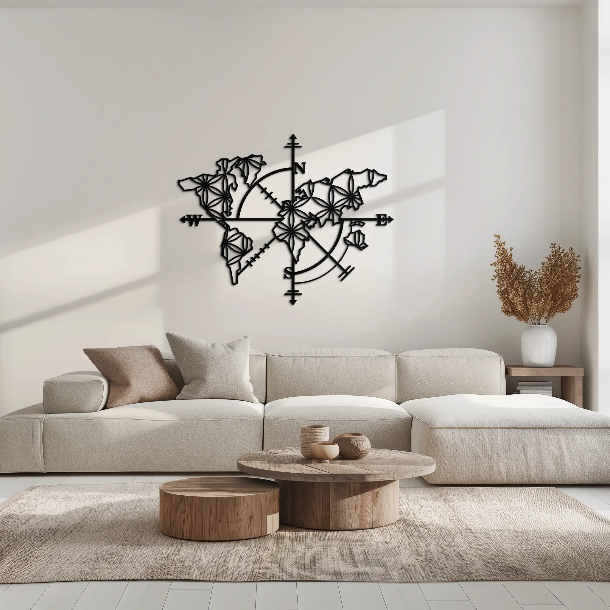 Geometric World Map Metal Wall Art - Modern Compass-Inspired Steel Decor - KAF131