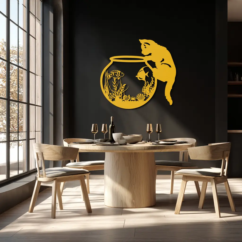 Curious Cat and Fishbowl Metal Wall Art - Playful Geometric Steel Decor - KAF135