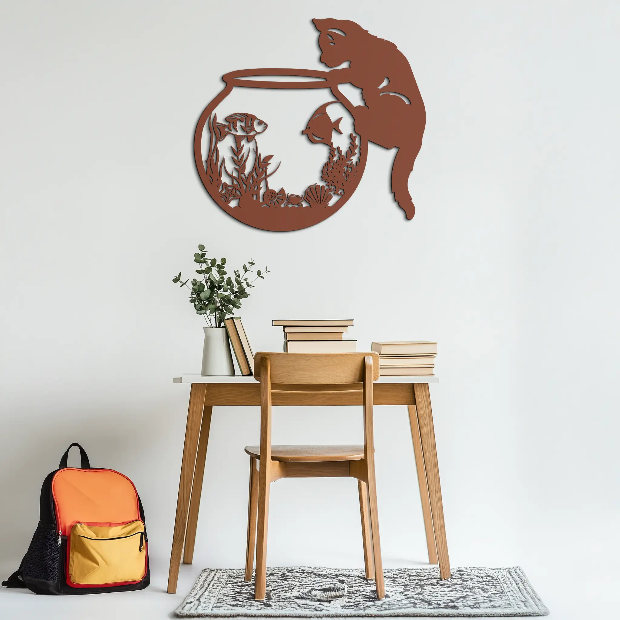 Curious Cat and Fishbowl Metal Wall Art - Playful Geometric Steel Decor - KAF135