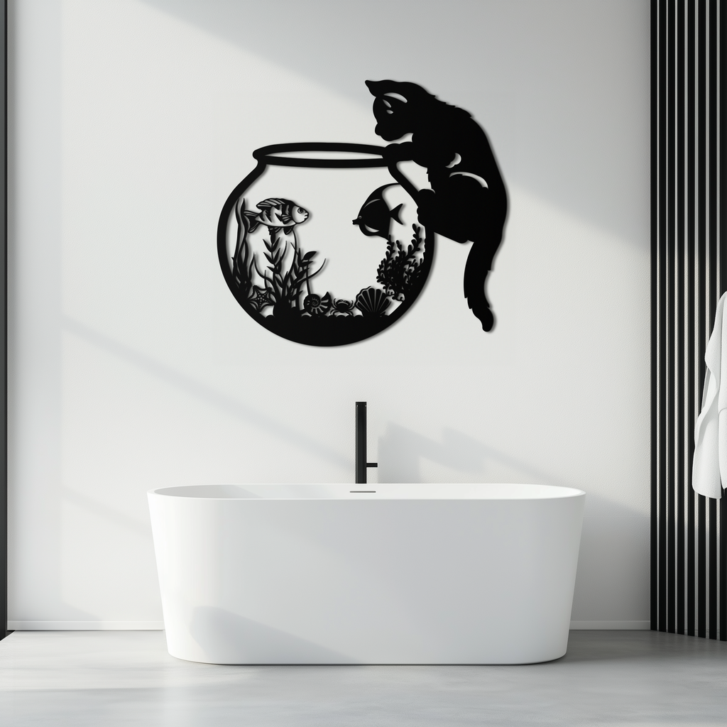 Curious Cat and Fishbowl Metal Wall Art - Playful Geometric Steel Decor - KAF135