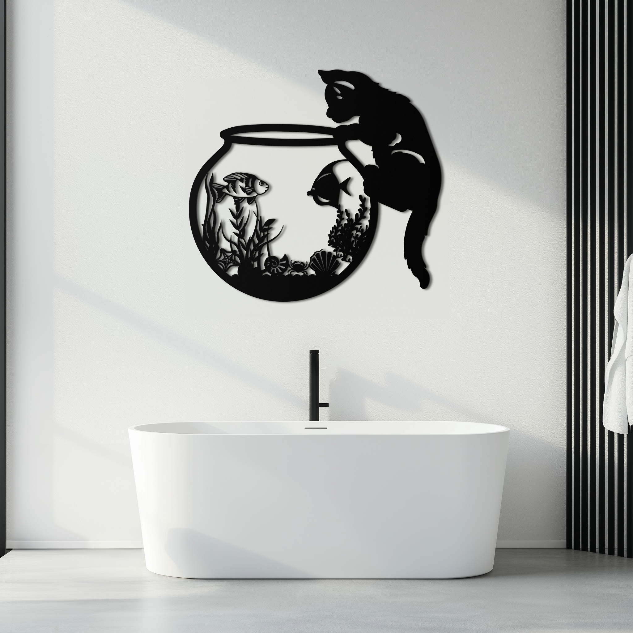 Curious Cat and Fishbowl Metal Wall Art - Playful Geometric Steel Decor - KAF135