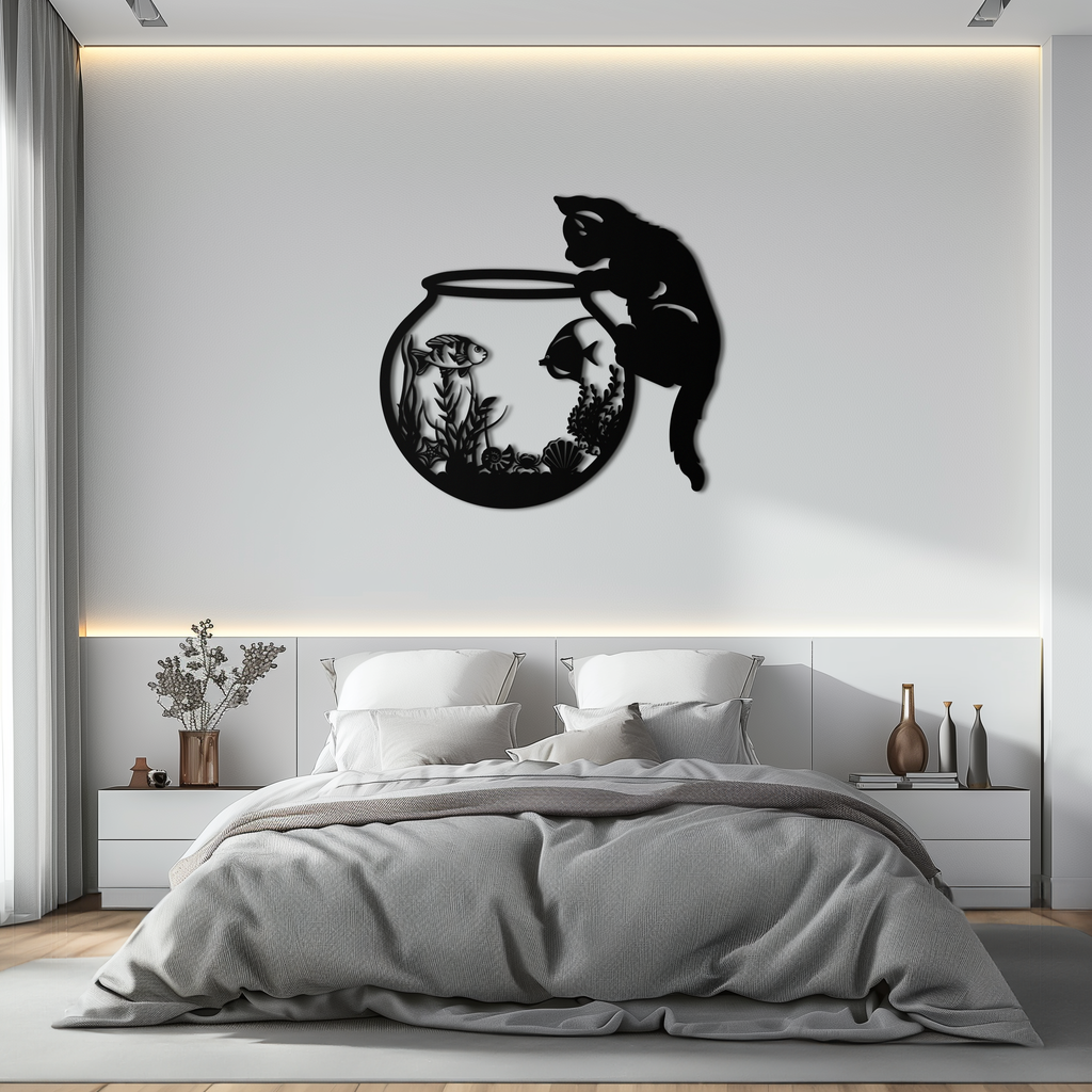 Curious Cat and Fishbowl Metal Wall Art - Playful Geometric Steel Decor - KAF135