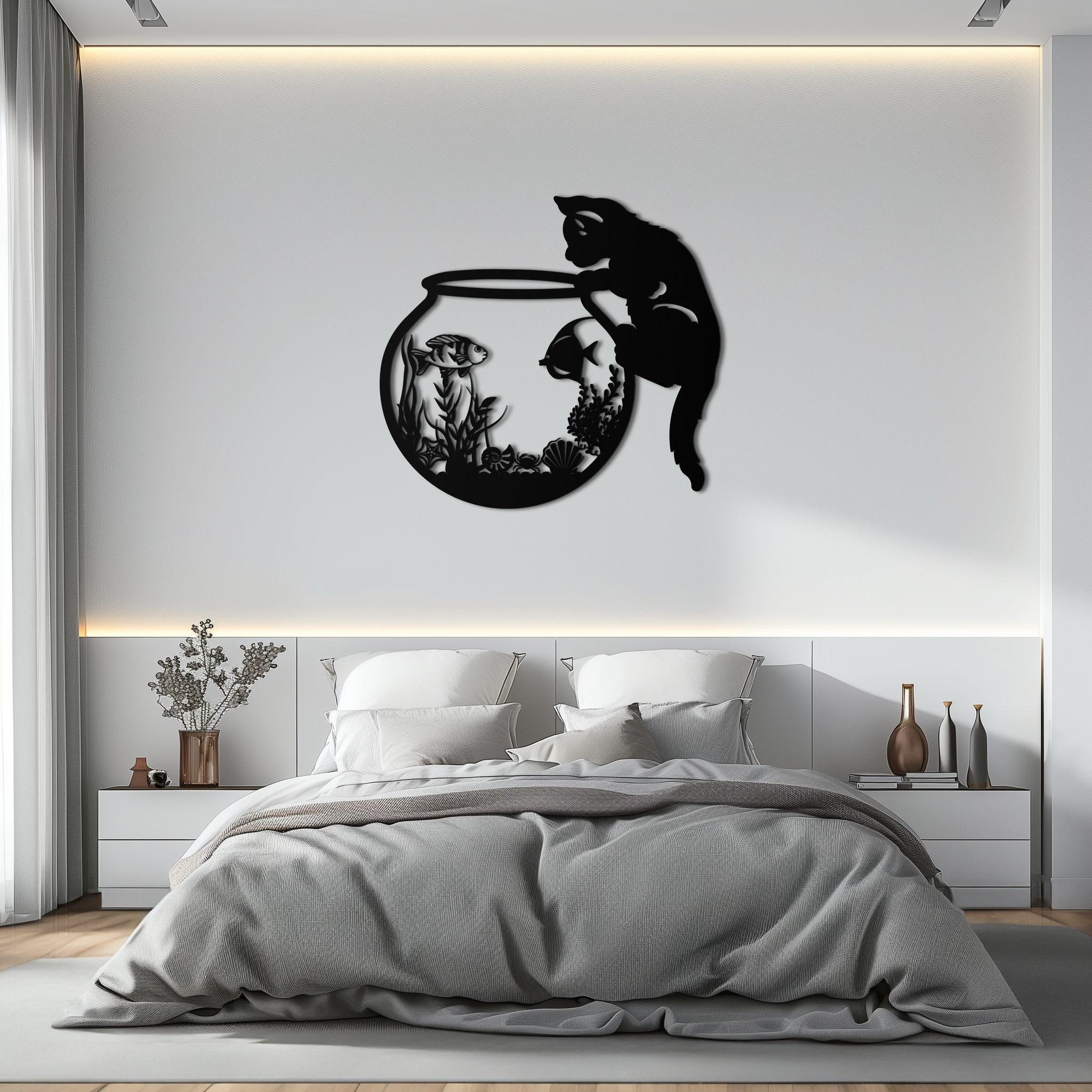 Curious Cat and Fishbowl Metal Wall Art - Playful Geometric Steel Decor - KAF135