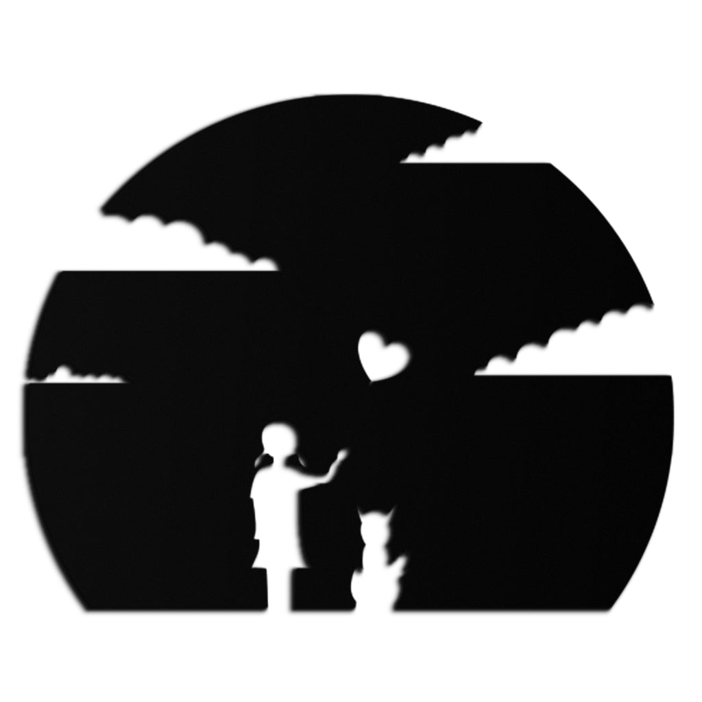 Heart Balloon Girl & Cat Metal Wall Art - Whimsical Steel Decor - KAF140