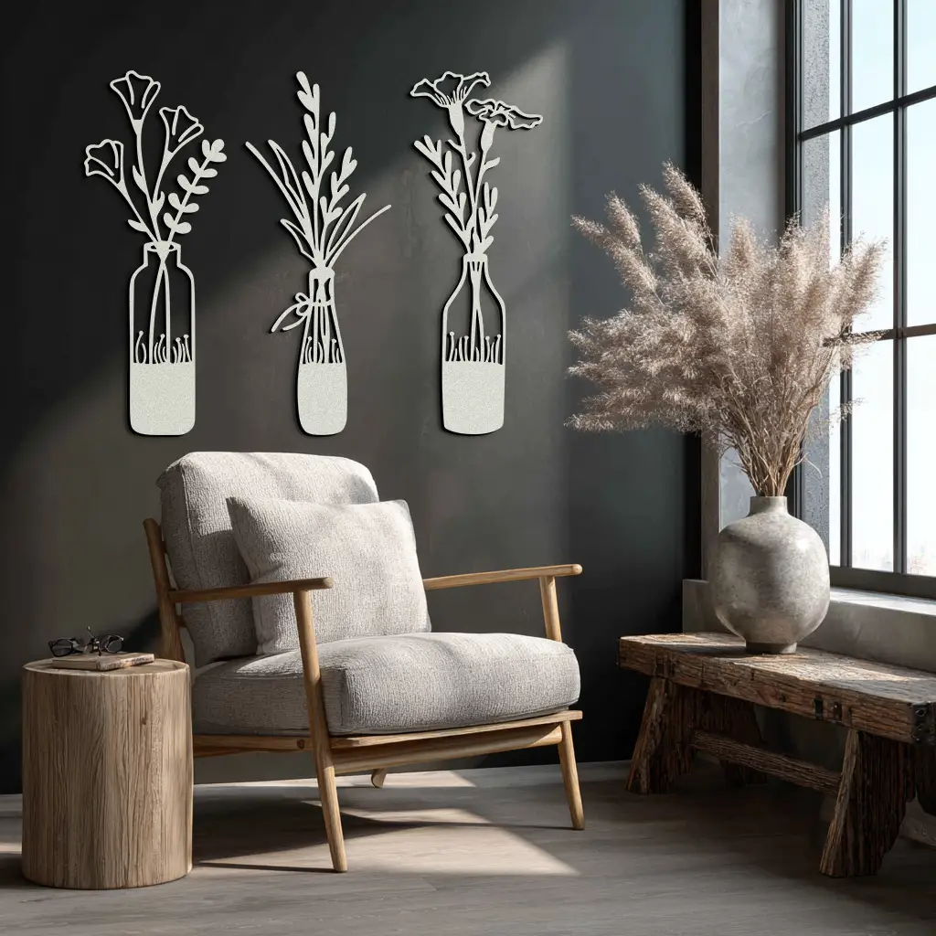 Rustic Floral Bottle Metal Wall Art - Elegant Vase & Flower Steel Decor - KAF142