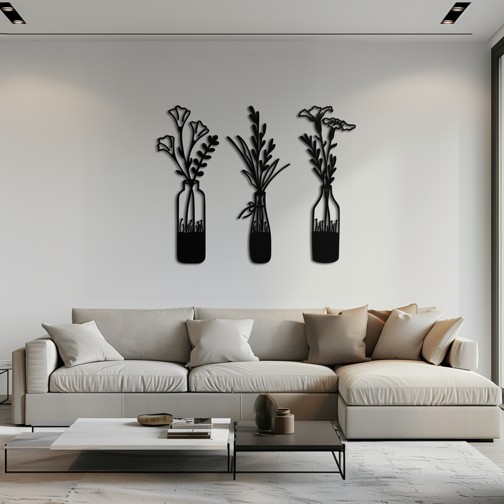 Rustic Floral Bottle Metal Wall Art - Elegant Vase & Flower Steel Decor - KAF142