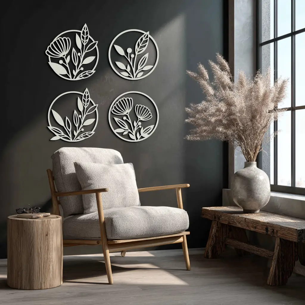 Floral Botanical Metal Wall Art - Nature-Inspired Circle Wall Decor - KAF160