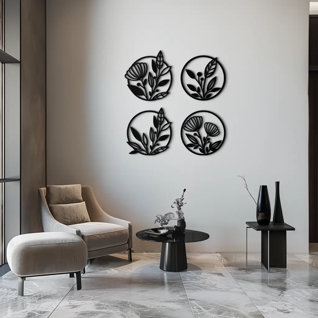 Floral Botanical Metal Wall Art - Nature-Inspired Circle Wall Decor - KAF160