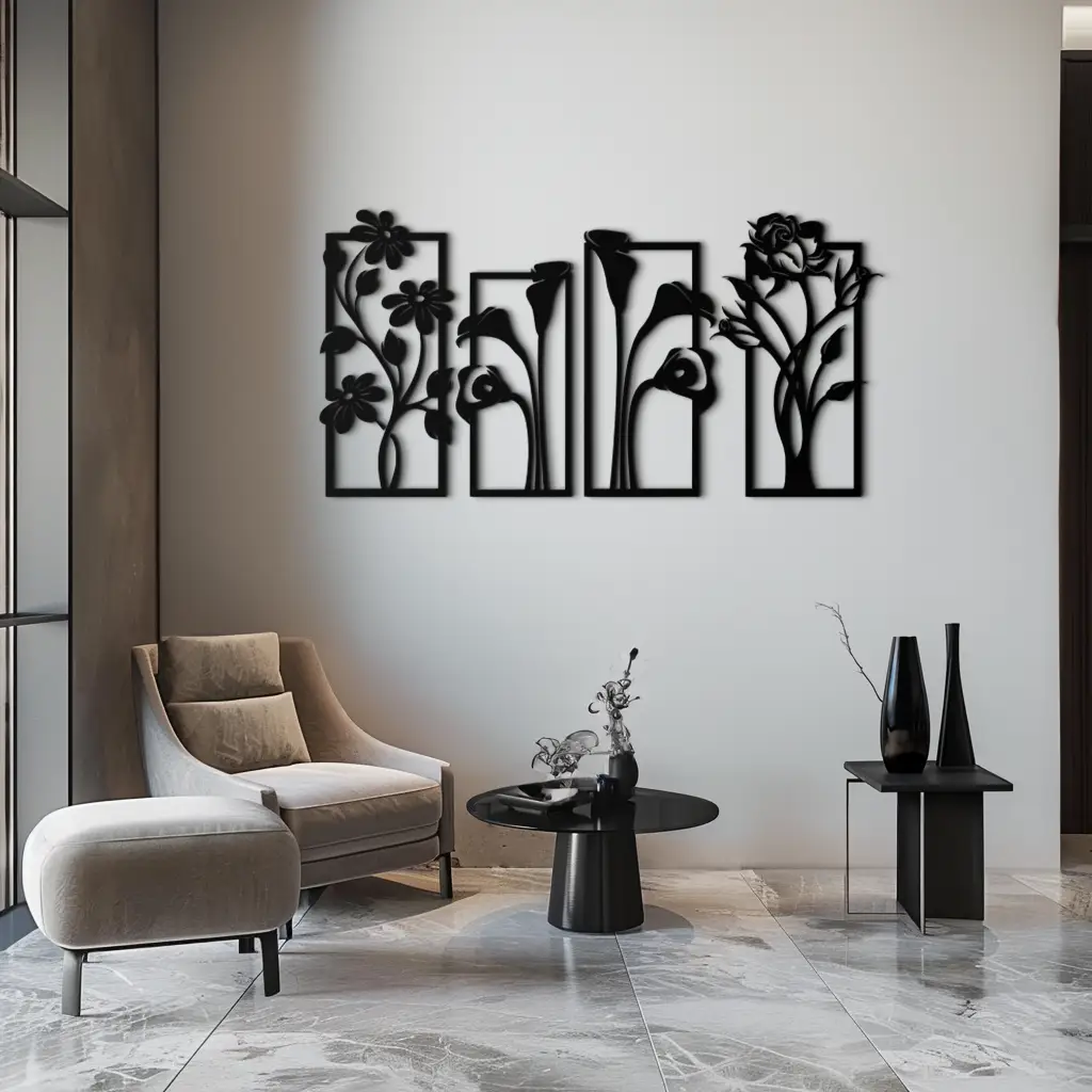 Floral Metal Wall Art - Elegant Botanical Panel Set- KAF167