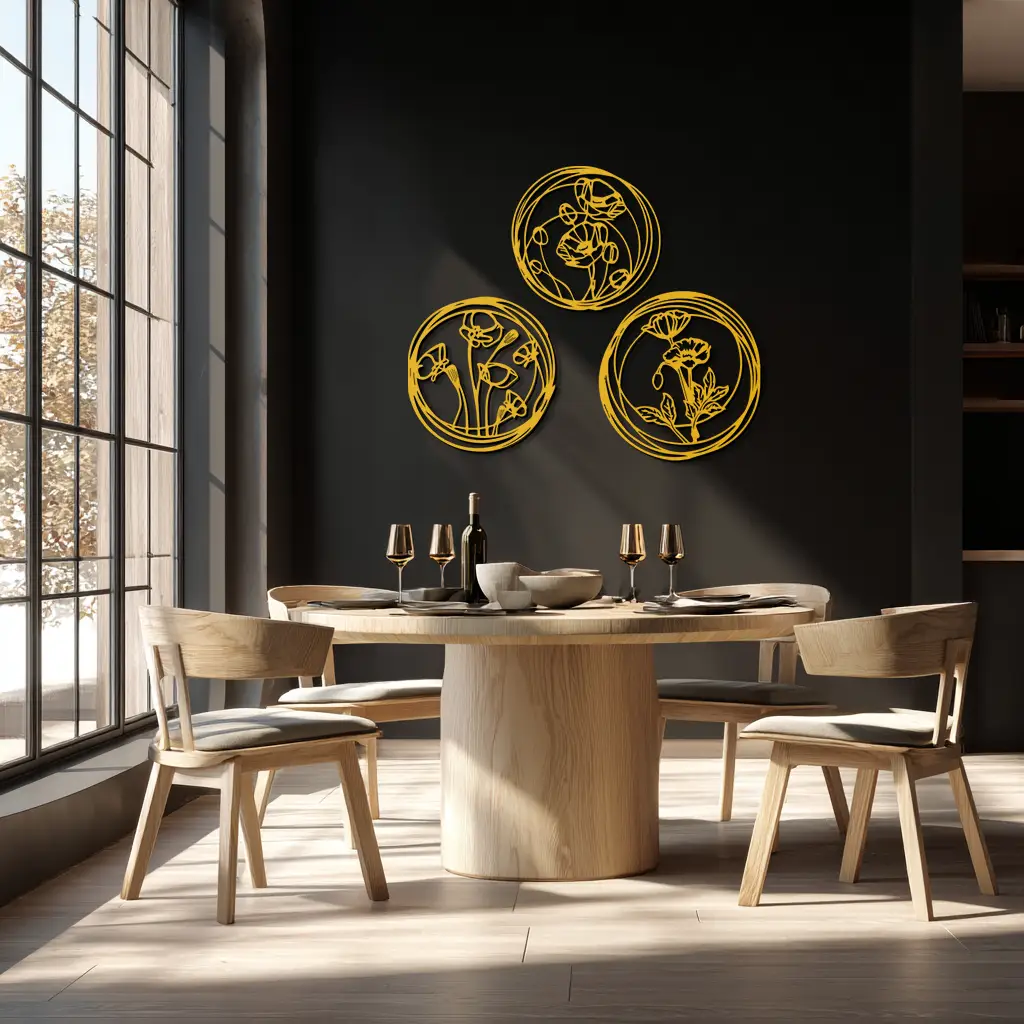 Floral Trio Metal Wall Art - Modern Botanical Circle Wall Decor- KAF168