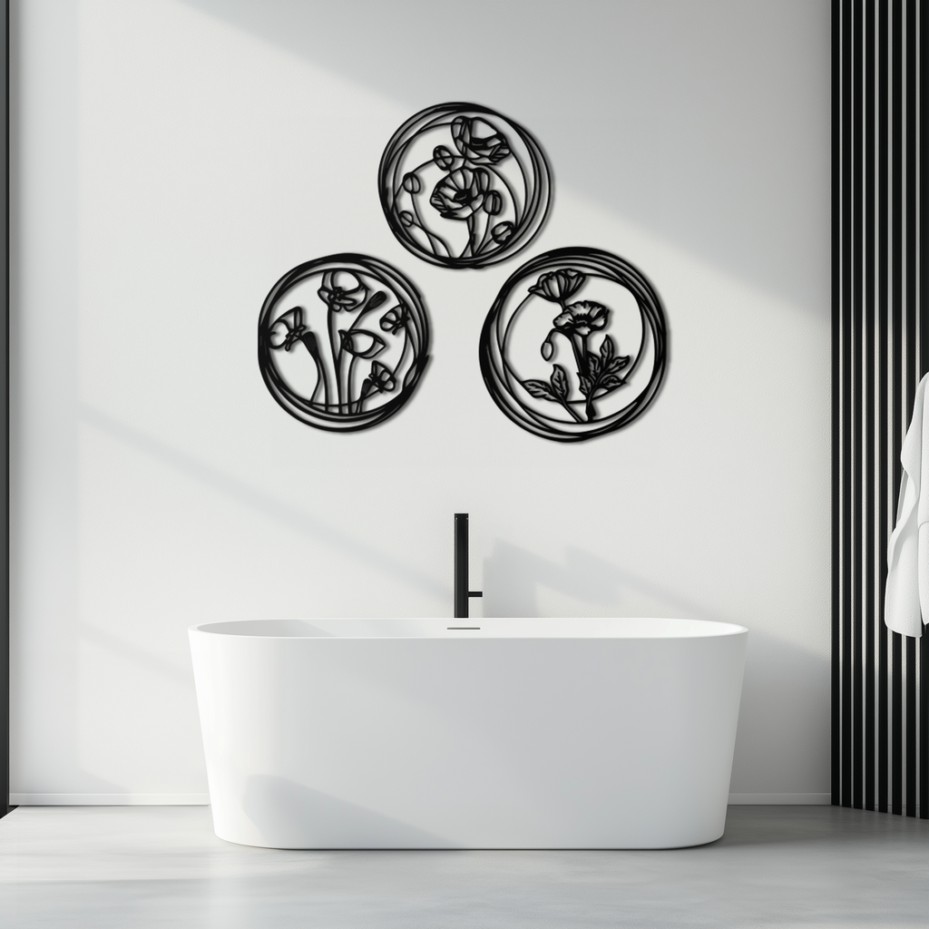 Floral Trio Metal Wall Art - Modern Botanical Circle Wall Decor- KAF168