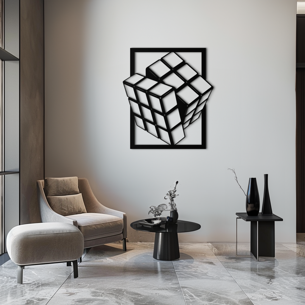 Geometric Rubik’s Cube Metal Wall Art – Modern Puzzle Enthusiast Decor - KAF197