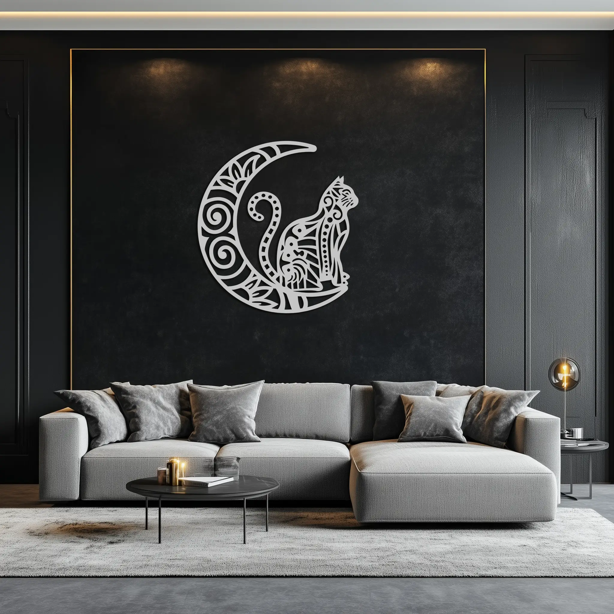 Moon & Cat Metal Wall Art – Mystical Feline Decor - KAF266