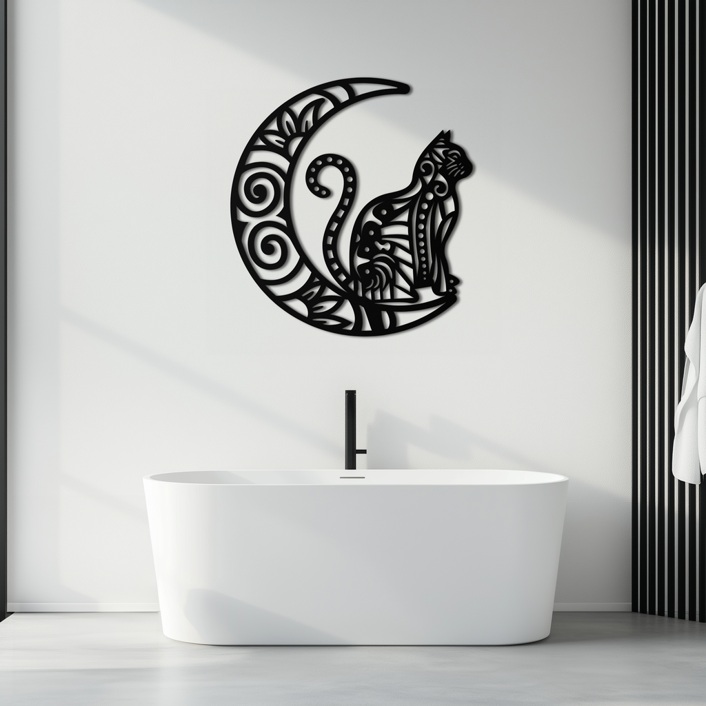 Moon & Cat Metal Wall Art – Mystical Feline Decor - KAF266