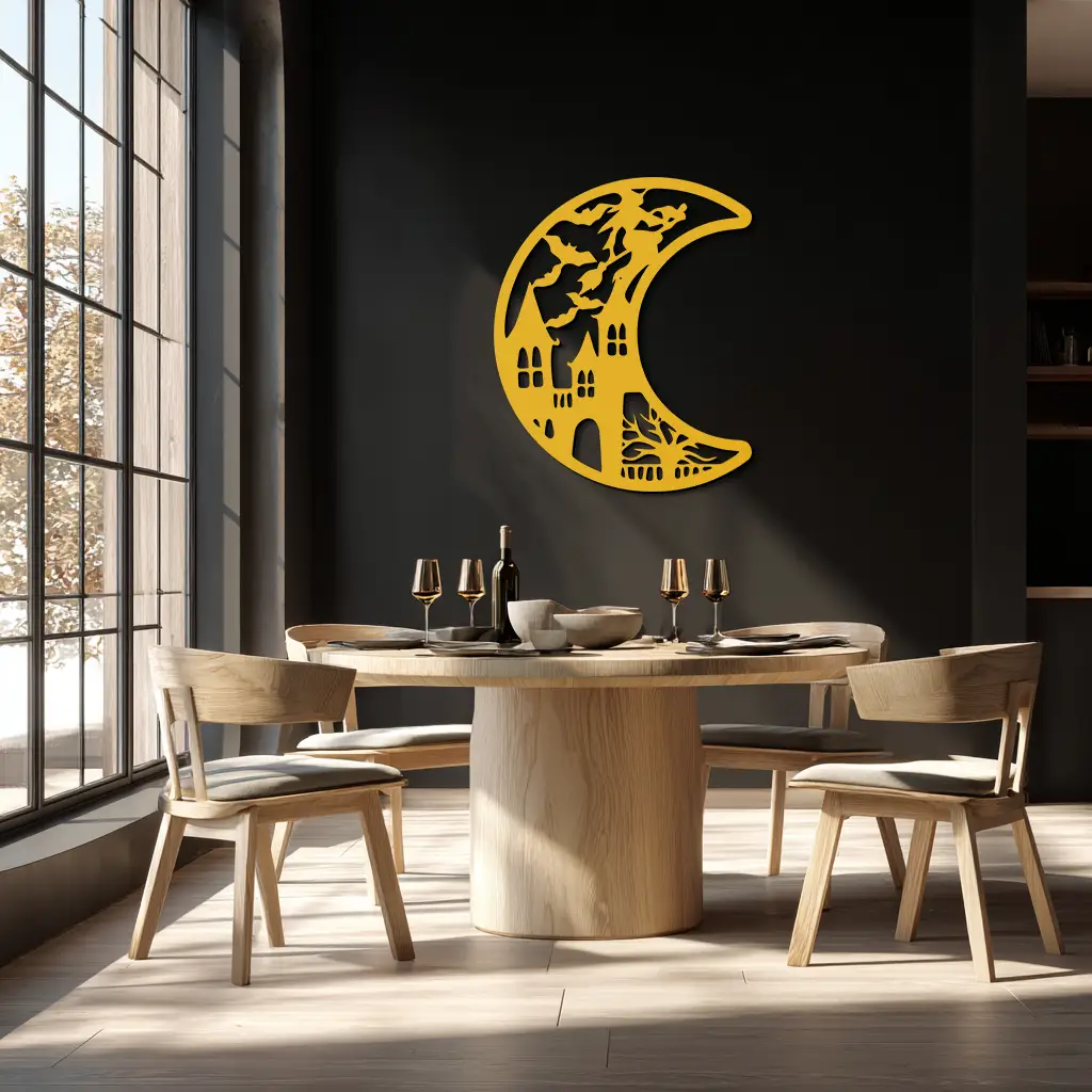 Haunted Moon Halloween Metal Wall Art - Witch & Castle Silhouette - KAF274