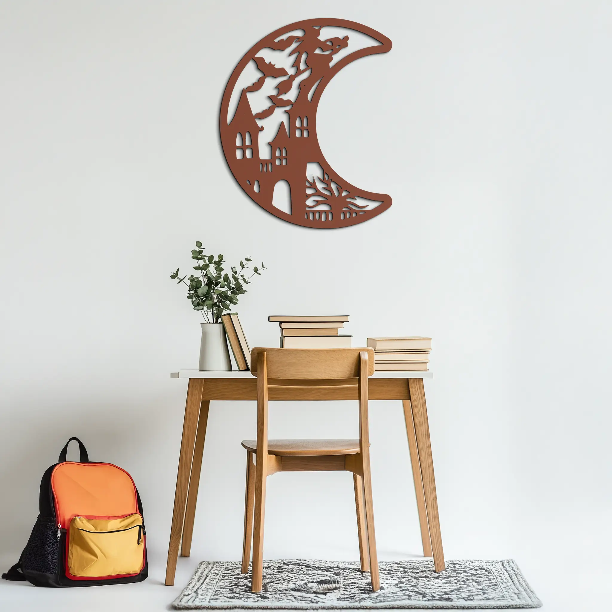 Haunted Moon Halloween Metal Wall Art - Witch & Castle Silhouette - KAF274