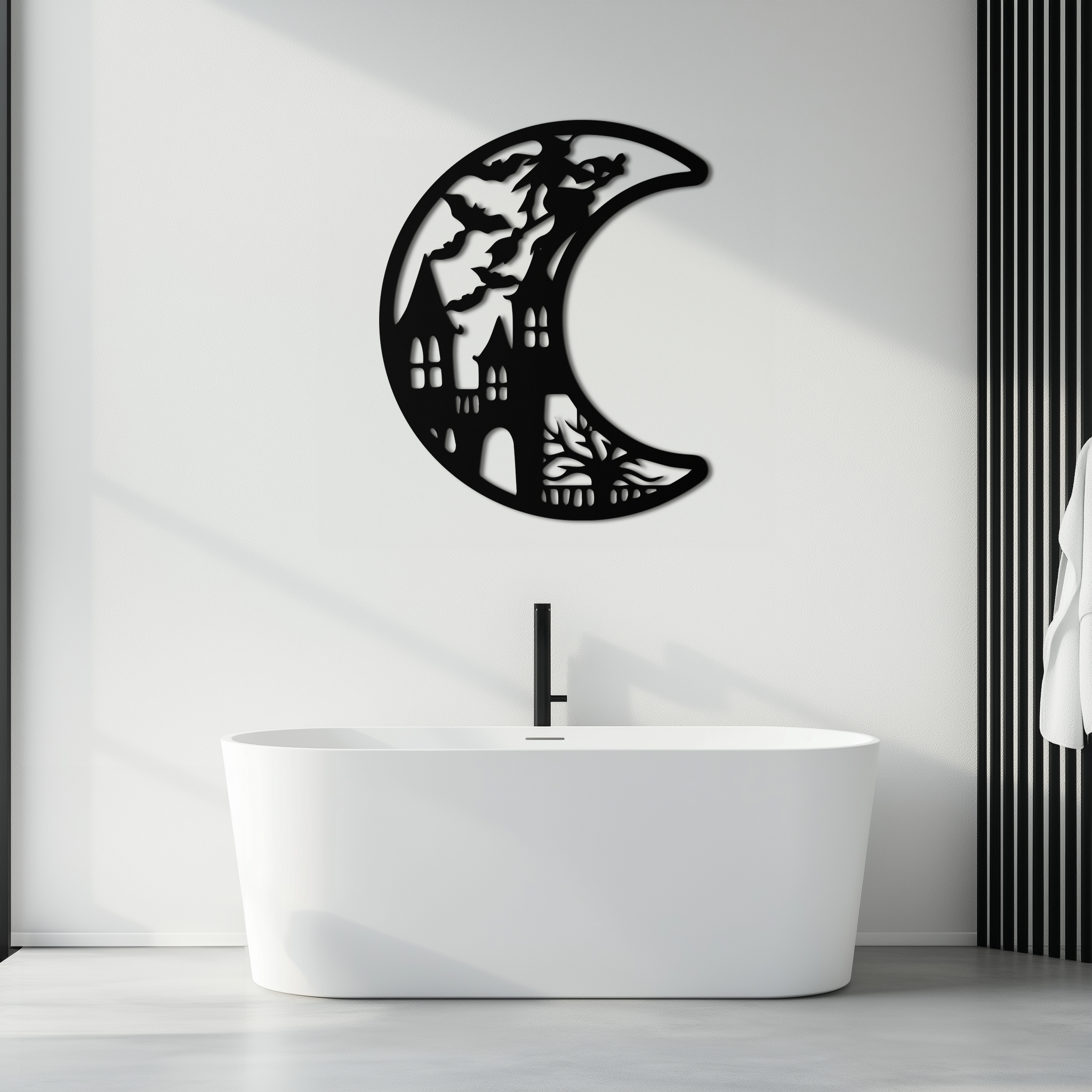Haunted Moon Halloween Metal Wall Art - Witch & Castle Silhouette - KAF274