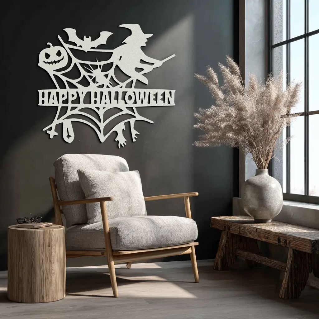 Happy Halloween Metal Wall Art - Witch & Web Design- KAF280