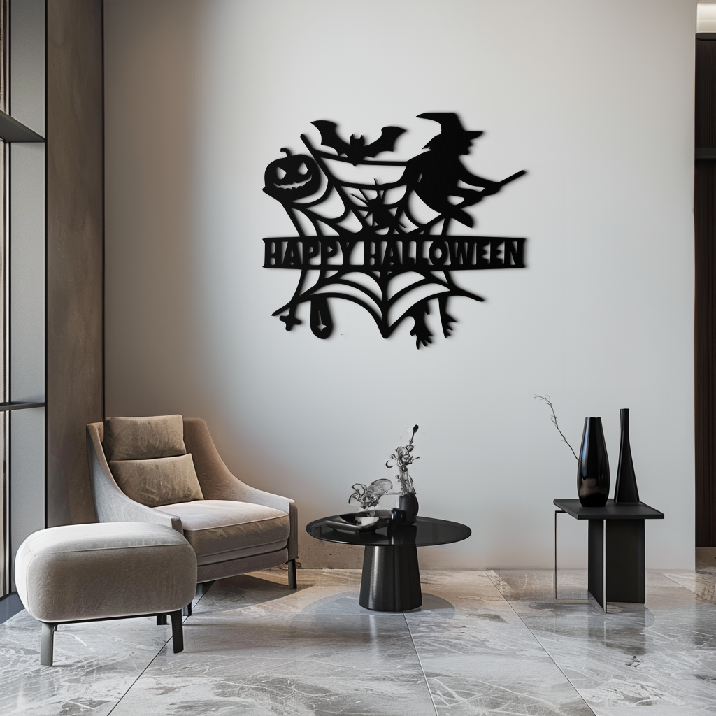 Happy Halloween Metal Wall Art - Witch & Web Design- KAF280