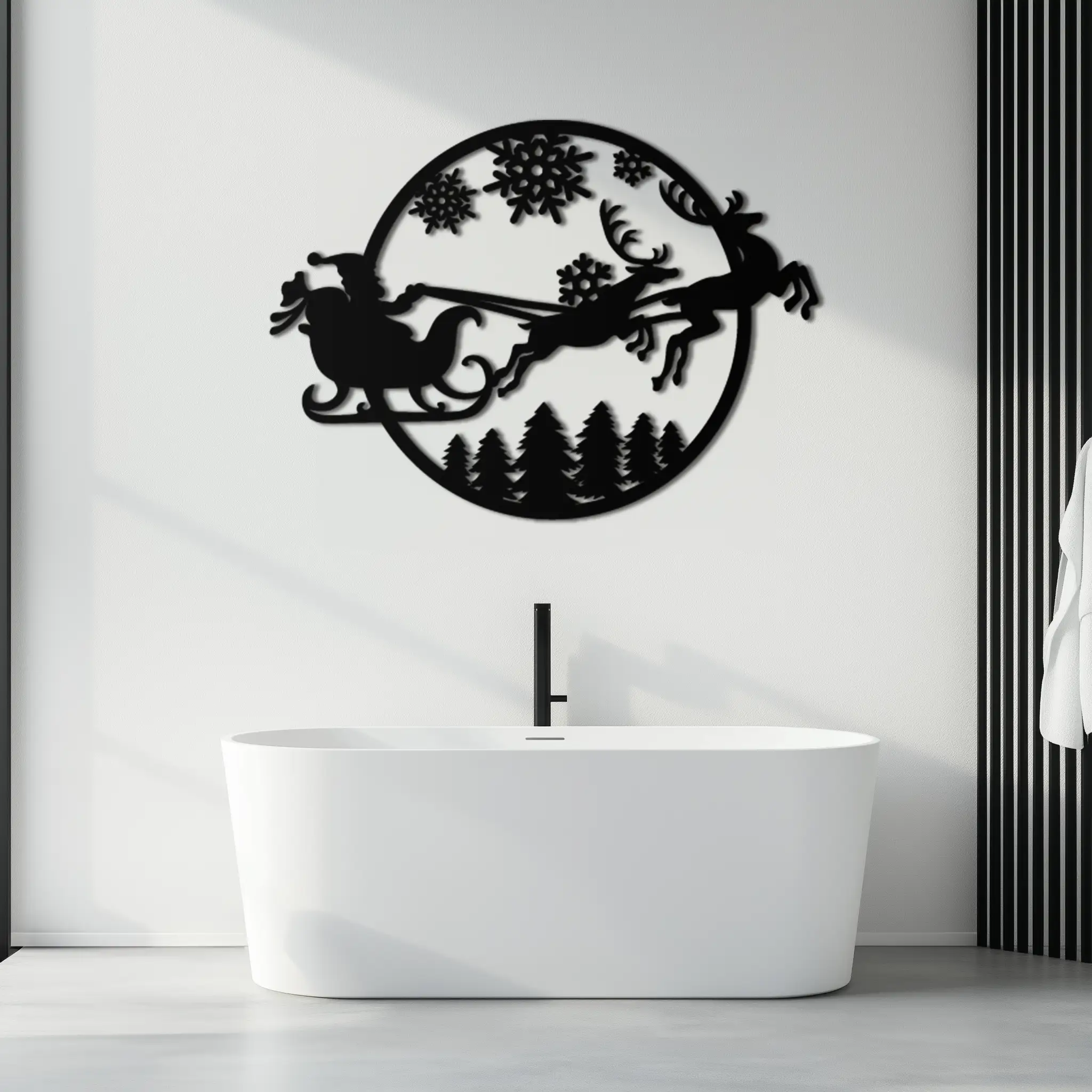 Santa Sleigh Metal Wall Art - Christmas Reindeer & Snowflake Decor- KAF287