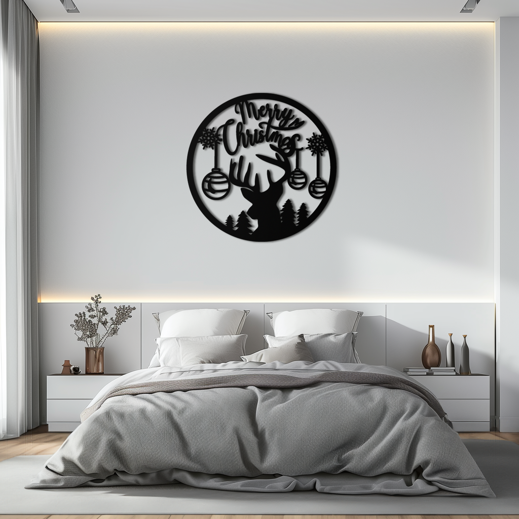 Merry Christmas Metal Wall Art - Festive Reindeer Silhouette Decor- KAF288