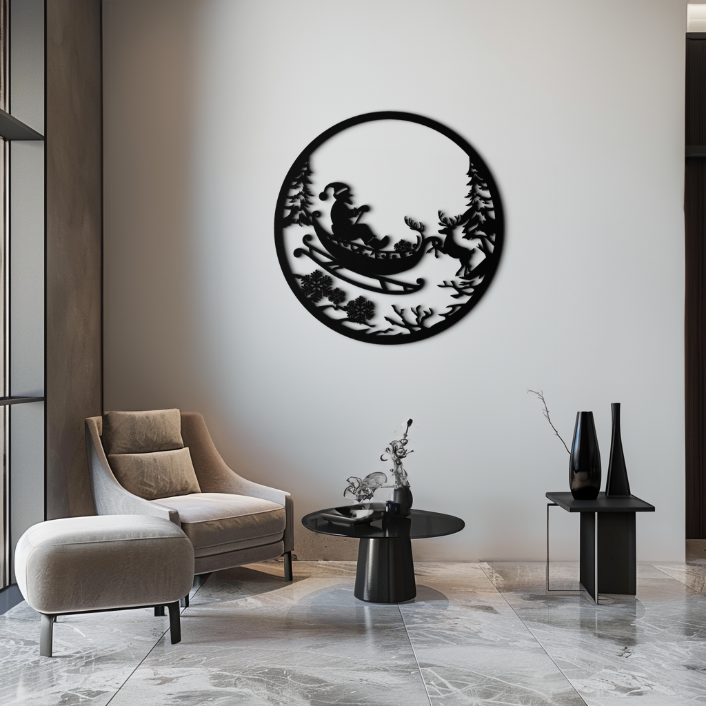 Santa Sleigh Metal Wall Art - Christmas Reindeer & Santa Decor- KAF289