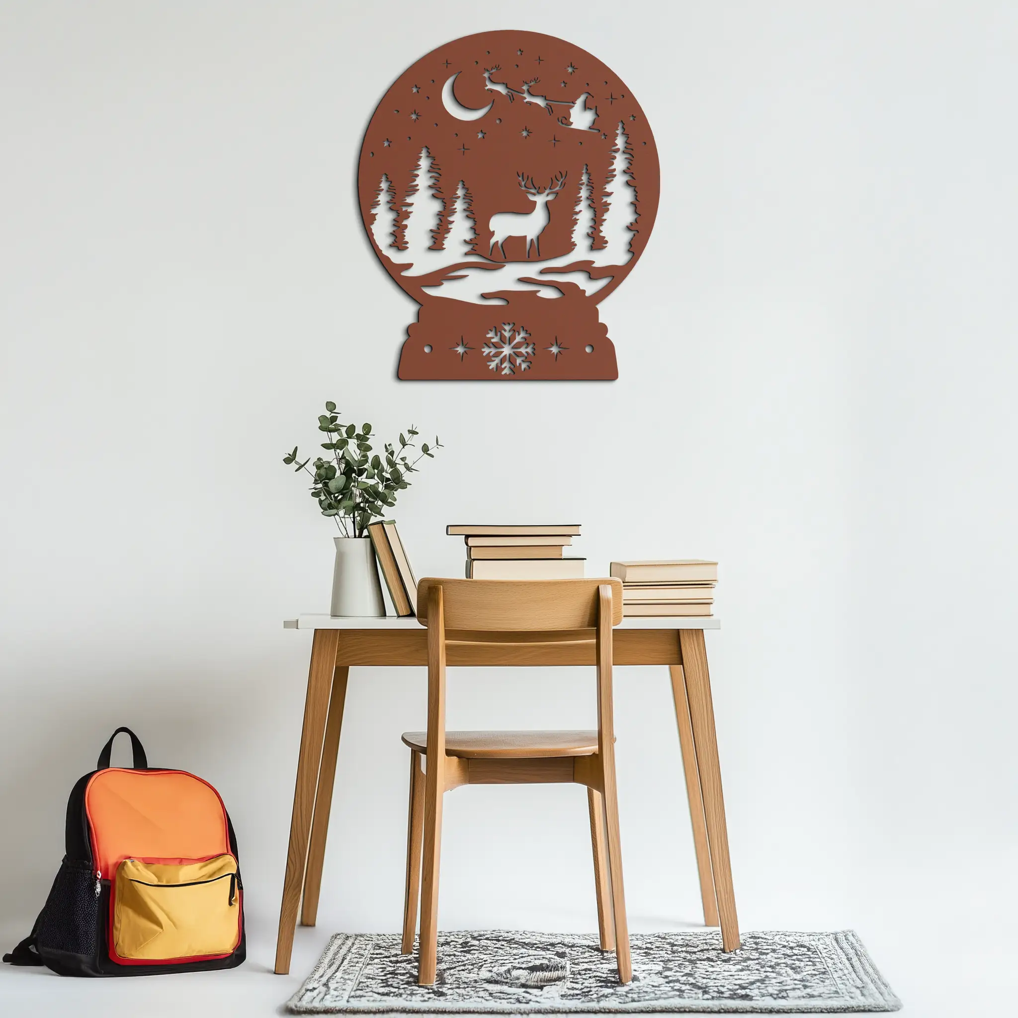 Winter Deer Snow Globe Metal Wall Art - Holiday Forest Scene Decor- KAF302