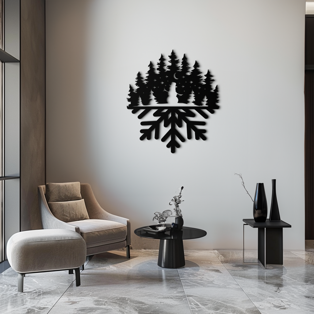 Snowflake Forest Metal Wall Art - Winter Tree Silhouette Home Decor- KAF303