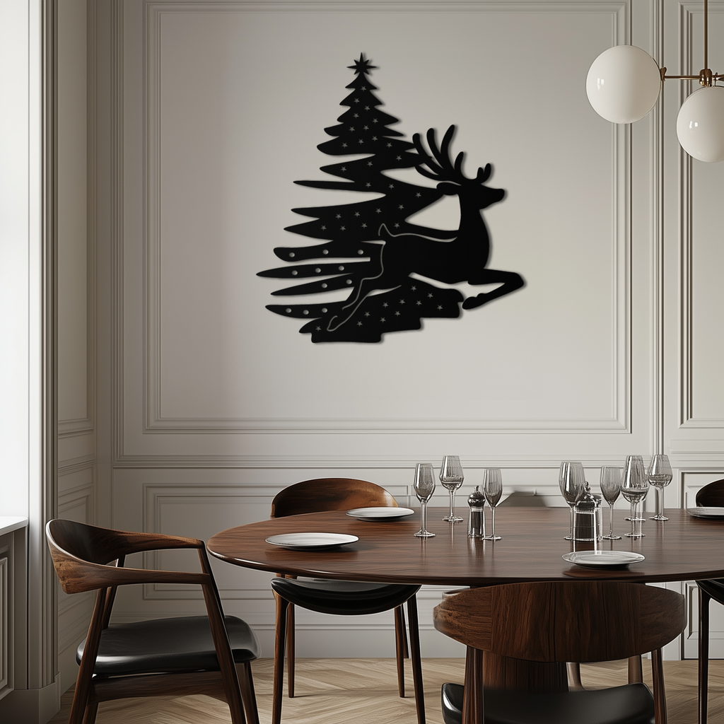 Reindeer and Christmas Tree Metal Wall Art - Festive Holiday Steel Decor- KAF304
