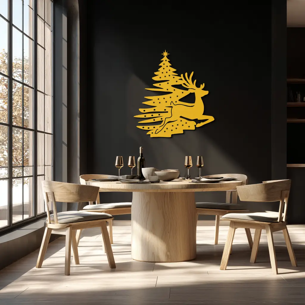 Reindeer and Christmas Tree Metal Wall Art - Festive Holiday Steel Decor- KAF304