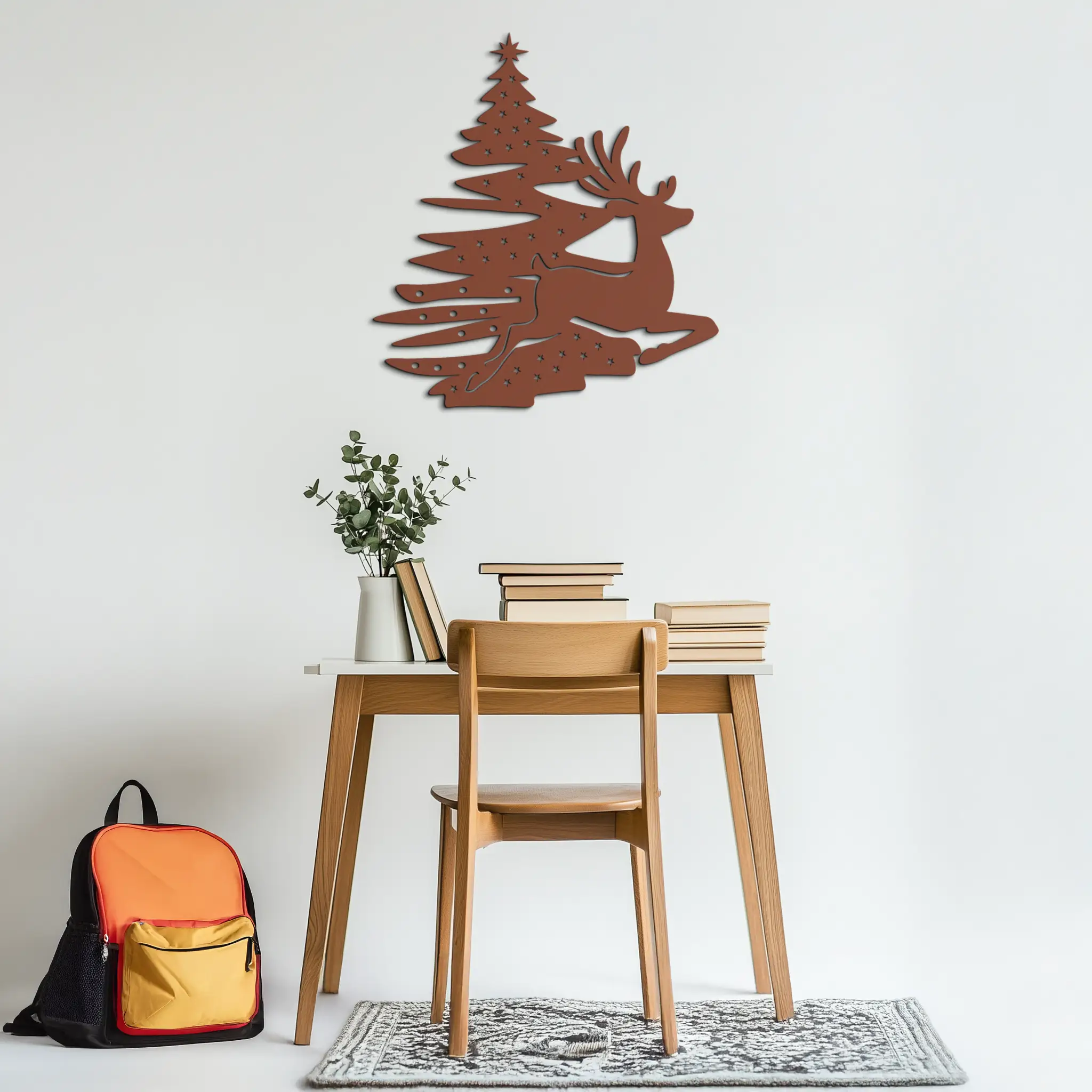 Reindeer and Christmas Tree Metal Wall Art - Festive Holiday Steel Decor- KAF304