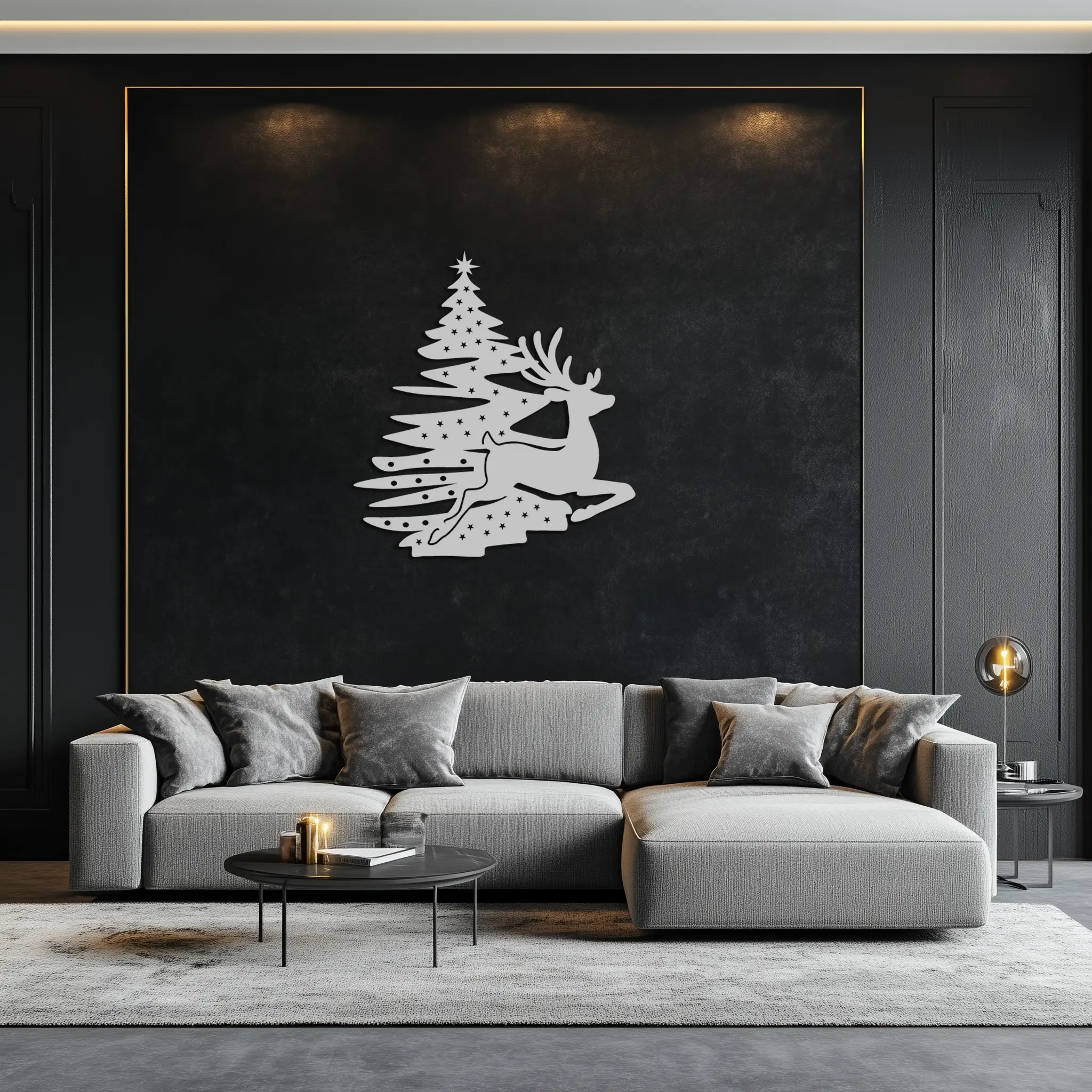 Reindeer and Christmas Tree Metal Wall Art - Festive Holiday Steel Decor- KAF304