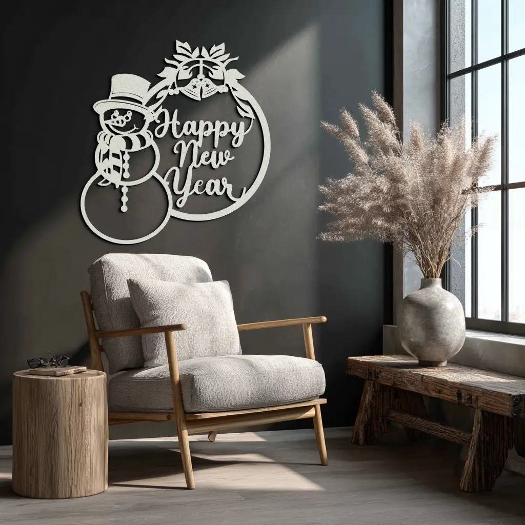 Happy New Year Metal Wall Art - Snowman Holiday Decor for Christmas and Winter- KAF305